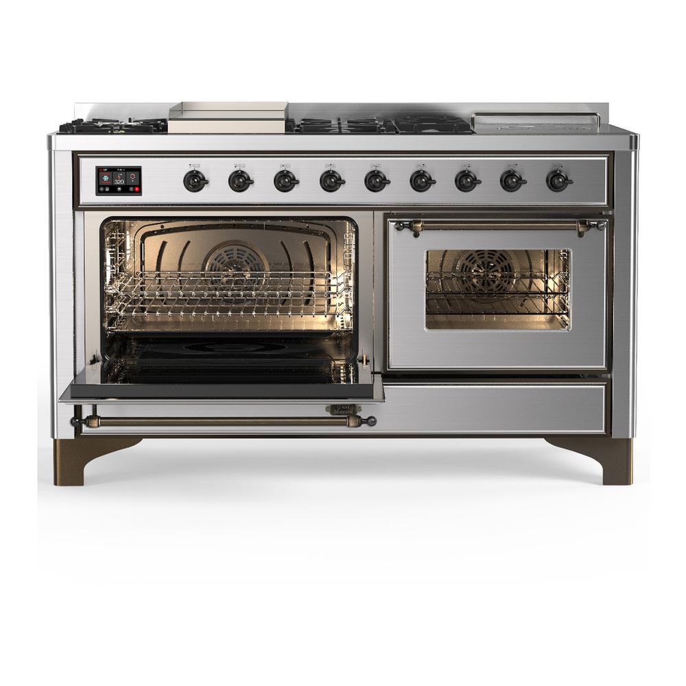 ILVE UM60FSNR3SSB Majestic III 60 inch Dual Fuel Range with 7 Burners, Griddle and French Top, Dual Function Burner with up to 25,000 BTU (Natural Gas, Triple Glass Door, Stainless Steel, Burnished)