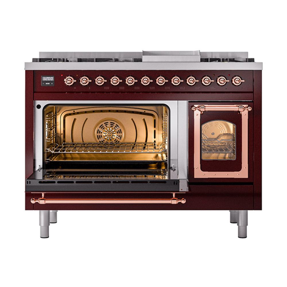 ILVE UN48FNMPBUPLP Nostalgie II Noblesse 48 inch Dual Fuel Range (8 Sealed Burners + Griddle, Liquid Propane, Triple Glass Door, Burgundy, Copper)