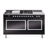 ILVE UN60FSQNMPBKCLP Nostalgie II Noblesse 60 inch Dual Fuel Range (7 Sealed Burners + Griddle + French Top, Liquid Propane, Solid Door, Glossy Black, Chrome)