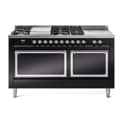 ILVE UN60FSQNMPBKCLP Nostalgie II Noblesse 60 inch Dual Fuel Range (7 Sealed Burners + Griddle + French Top, Liquid Propane, Solid Door, Glossy Black, Chrome)