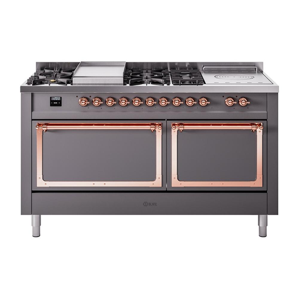 ILVE UN60FSQNMPMGPLP Nostalgie II Noblesse 60 inch Dual Fuel Range (7 Sealed Burners + Griddle + French Top, Liquid Propane, Solid Door, Graphite Matte, Copper)