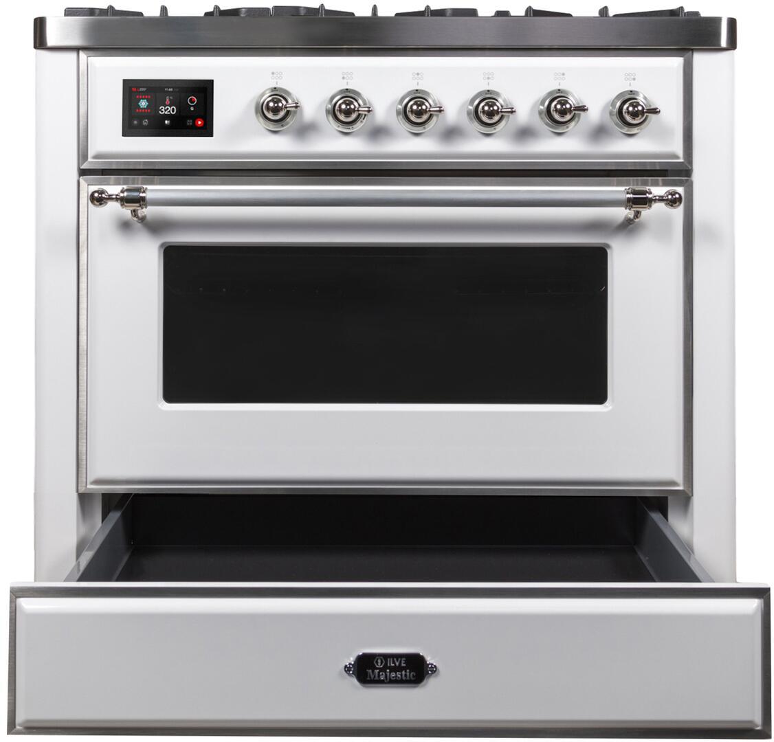 Majestic II 36 Inch Dual Fuel Natural Gas Freestanding Range in White with Chrome Trim