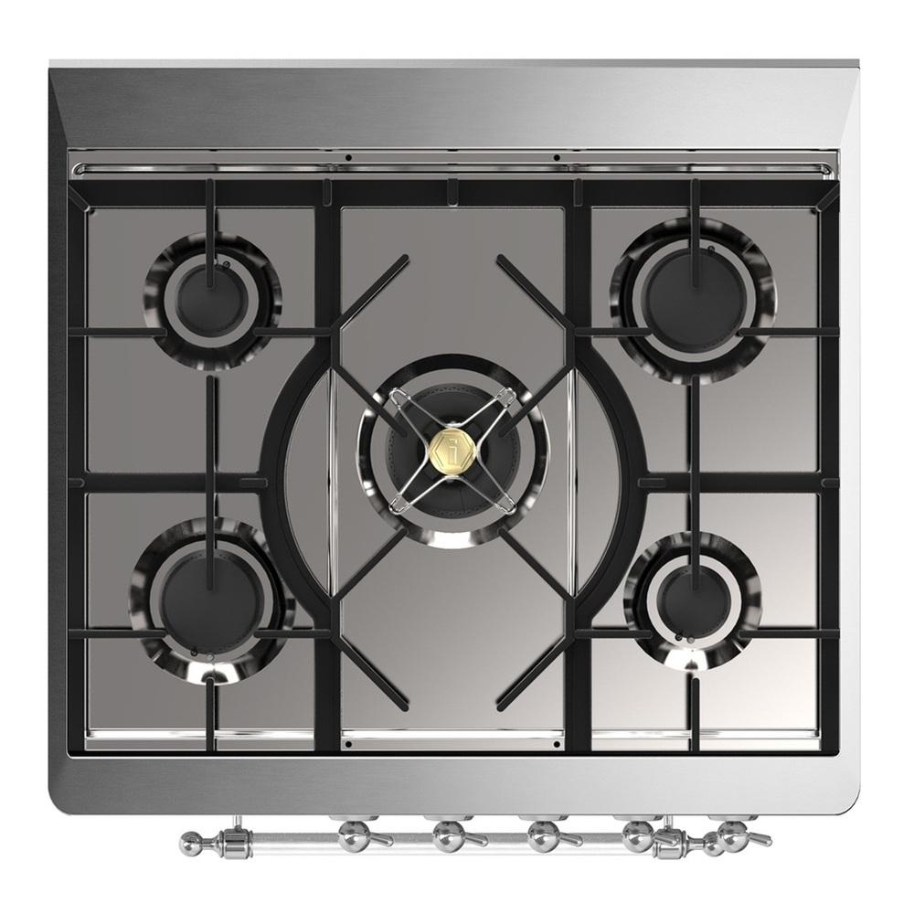 ILVE UM30NR3WHCLP Majestic III 30 inch Dual Fuel Range with 5 Black Brass Burners, Dual Function Burner up to 25,000 BTU (Liquid Propane, Triple Glass Door, White, Chrome)