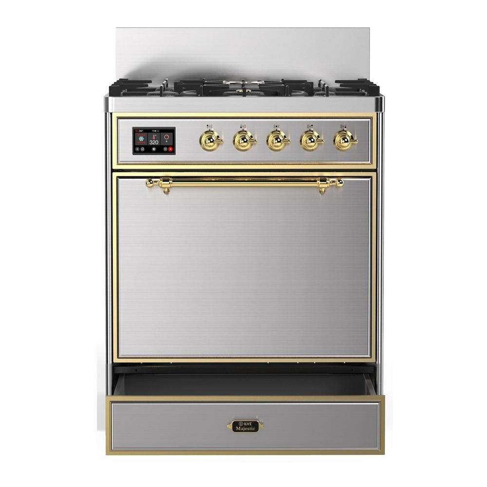 ILVE UM30QNR3SSGLP Majestic III 30 inch Dual Fuel Range with 5 Black Brass Burners, Dual Function Burner up to 25,000 BTU (Liquid Propane, Solid Door, Stainless Steel, Brass)