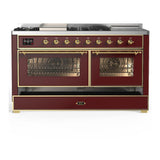 ILVE UM60FSNR3BUGLP Majestic III 60 inch Dual Fuel Range with 7 Burners, Griddle and French Top, Dual Function Burner with up to 25,000 BTU (Liquid Propane, Triple Glass Door, Burgundy, Brass)