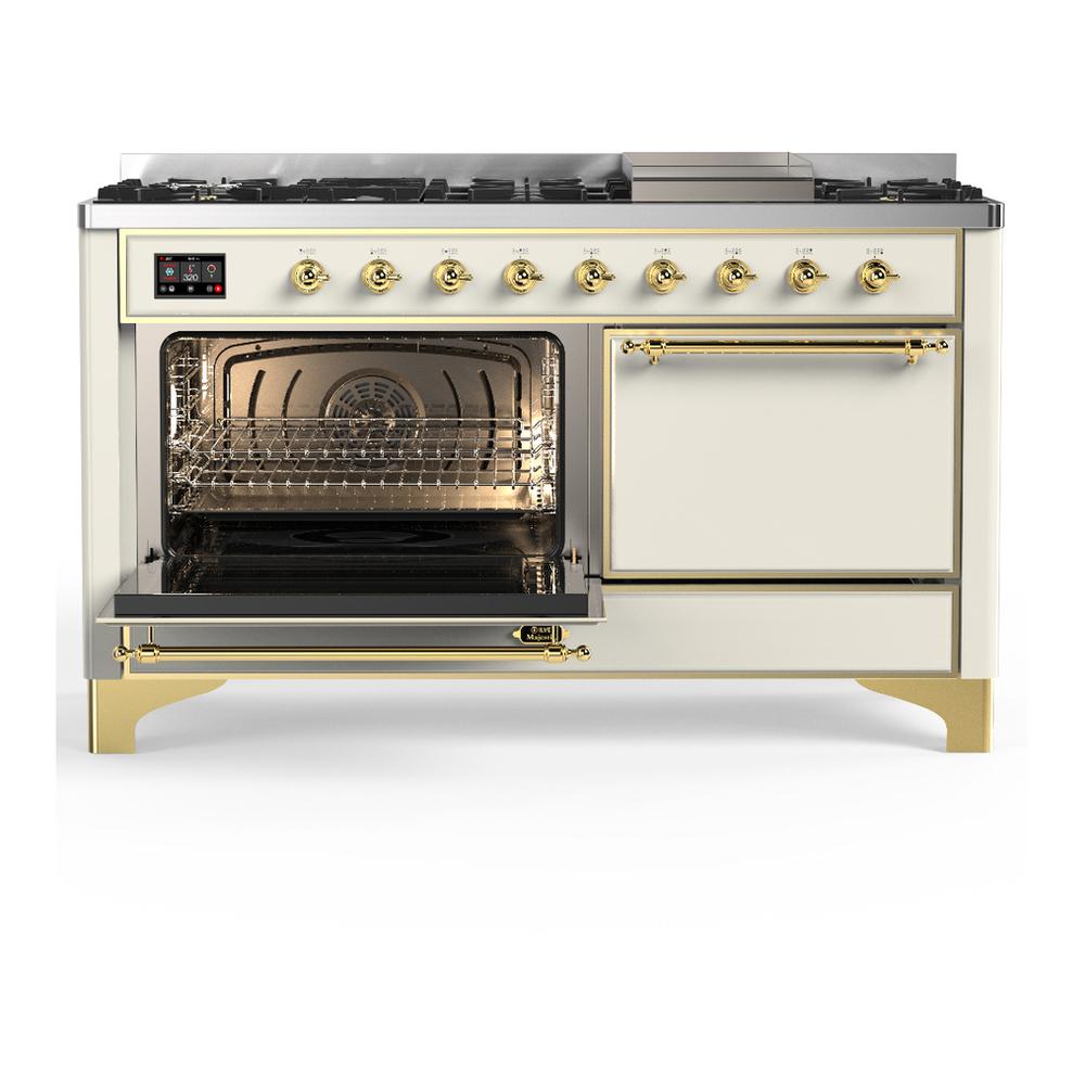 ILVE UM60FQNR3AWG Majestic III 60 inch Dual Fuel Range with 9 Burners and Griddle, Dual Function Burner up to 25,000 BTU (Natural Gas, Solid Door, Antique White, Brass)