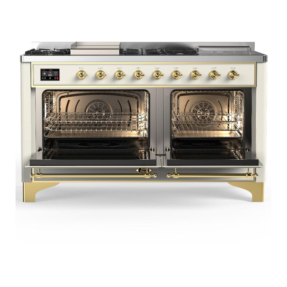 ILVE UM60FSQNR3AWGLP Majestic III 60 inch Dual Fuel Range with 7 Burners, Griddle and French Top, Dual Function Burner with up to 25,000 BTU (Liquid Propane, Solid Door, Antique White, Brass)