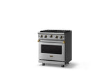 30"W. Open Burner Gas Range (Finish: Stainless Steel, Trim: Brushed Brass, Fuel: Natural Gas)
