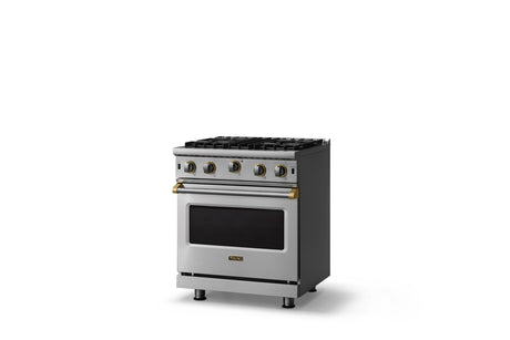 30"W. Open Burner Gas Range (Finish: Stainless Steel, Trim: Brushed Brass, Fuel: Propane)