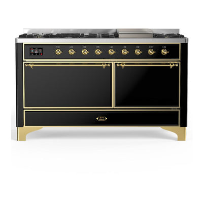 ILVE UM60FQNR3BKGLP Majestic III 60 inch Dual Fuel Range with 9 Burners and Griddle, Dual Function Burner up to 25,000 BTU (Liquid Propane, Solid Door, Glossy Black, Brass)
