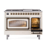 ILVE UN48FNMPAWB Nostalgie II Noblesse 48 inch Dual Fuel Range (8 Sealed Burners + Griddle, Natural Gas, Triple Glass Door, Antique White, Burnished)
