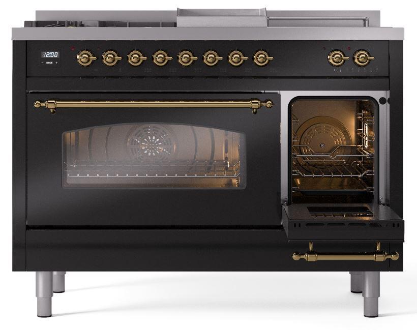 Nostalgie II 48 Inch Dual Fuel Natural Gas Freestanding Range in Glossy Black with Brass Trim