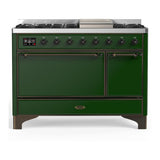 ILVE UM48FQNR3EGB Majestic III 48 inch Dual Fuel Range with 8 Burners and Griddle, Dual Function Burner up to 25,000 BTU (Natural Gas, Solid Door, Emerald Green, Burnished)