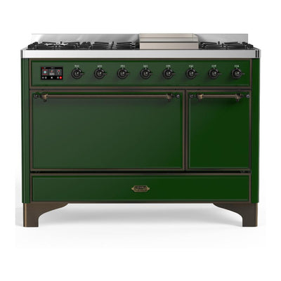 ILVE UM48FQNR3EGB Majestic III 48 inch Dual Fuel Range with 8 Burners and Griddle, Dual Function Burner up to 25,000 BTU (Natural Gas, Solid Door, Emerald Green, Burnished)