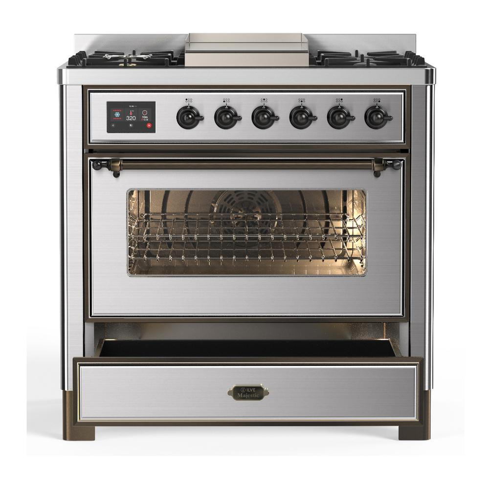 ILVE UM36FNR3SSBLP Majestic III 36 inch Dual Fuel Range with 6 Black Brass Burners and Griddle, Dual Function Burner up to 25,000 BTU (Triple Glass Door, Stainless Steel, Burnished, Liquid Propane)