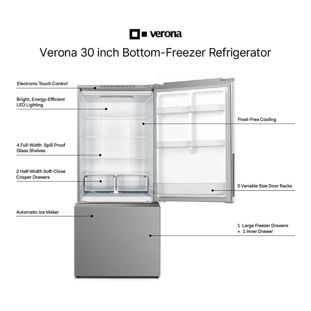 Verona VEFBF3017RISL 30 inch Freestanding Bottom Freezer Refrigerator with 17.6 cu. ft. Total Capacity, Automatic Ice Maker, Recessed Handle