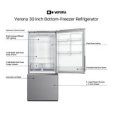 Verona VEFBF3017RISL 30 inch Freestanding Bottom Freezer Refrigerator with 17.6 cu. ft. Total Capacity, Automatic Ice Maker, Recessed Handle