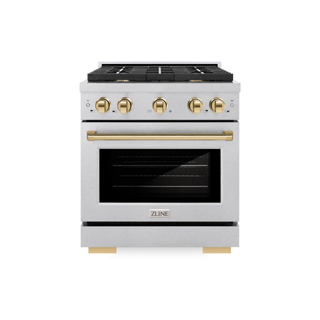 ZLINE Autograph Edition 30 in. 4.2 cu. ft. 4 Burner Gas Range with Convection Gas Oven in DuraSnow' Stainless Steel and Polished Gold Accents (SGRSZ-30-G)
