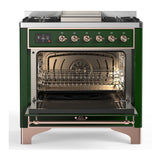 ILVE UM36FNR3EGP Majestic III 36 inch Dual Fuel Range with 6 Black Brass Burners and Griddle, Dual Function Burner up to 25,000 BTU (Triple Glass Door, Emerald Green, Copper, Natural Gas)