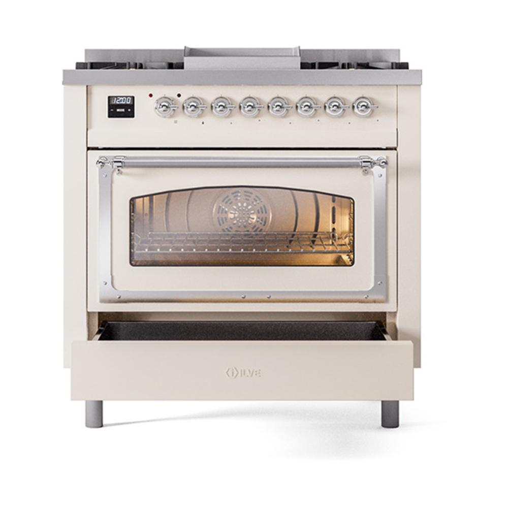 ILVE UN36FNMPAWCLP Nostalgie II Noblesse 36 inch Dual Fuel Range (Liquid Propane, Triple Glass Door, Antique White, Chrome)