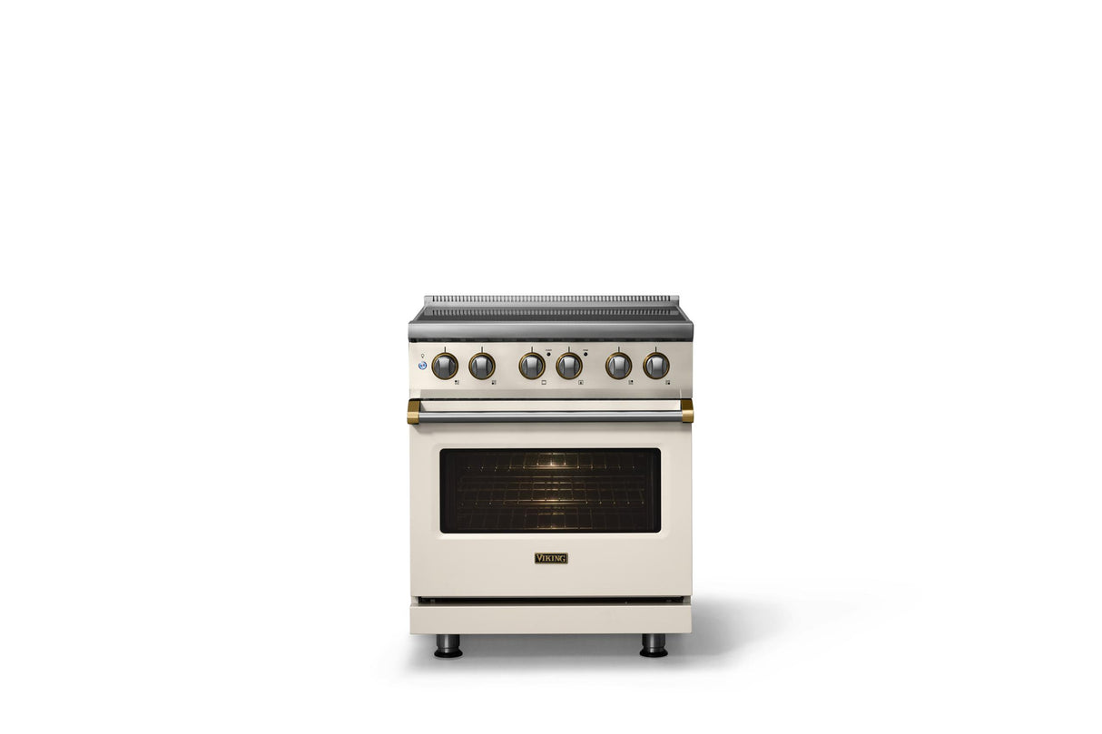 30"W. Induction Range (Finish: Pure White, Trim: Brushed Brass)