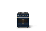 30"W. Dual Fuel Range (Finish: Slate Blue, Trim: Brushed Brass, Fuel: Natural Gas)