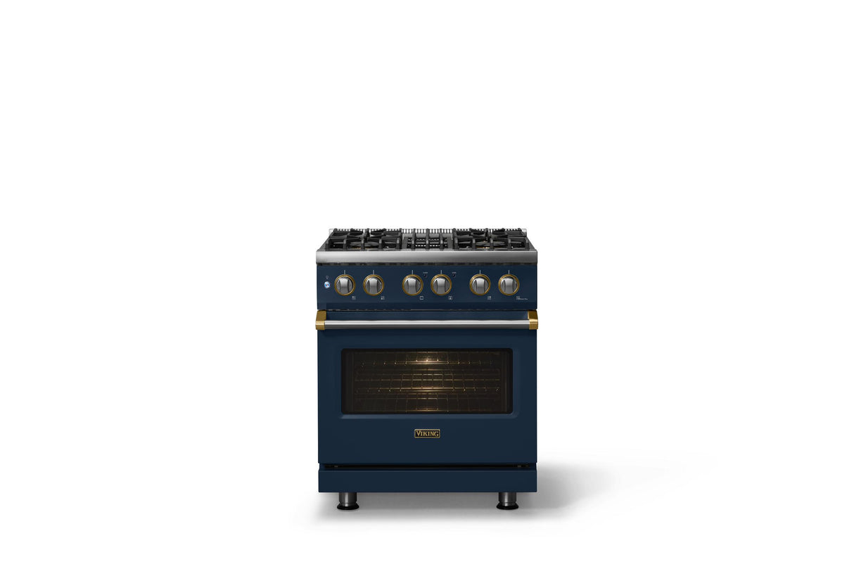 30"W. Dual Fuel Range (Finish: Slate Blue, Trim: Brushed Brass, Fuel: Propane)