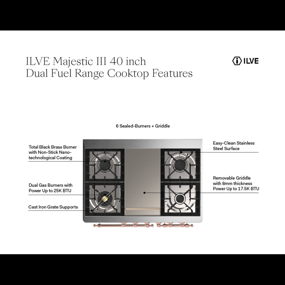 ILVE UMD40FNR3RACLP Majestic III 40 inch Dual Fuel Range with 6 Burners and Griddle, Dual Function Burner up to 25,000 BTU (Liquid Propane, Triple Glass Door, RAL, Chrome)