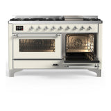ILVE UM60FNR3AWC Majestic III 60 inch Dual Fuel Range with 9 Burners and Griddle, Dual Function Burner up to 25,000 BTU (Natural Gas, Triple Glass Door, Antique White, Chrome)