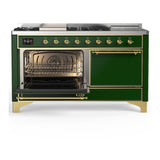 ILVE UM60FSQNR3EGGLP Majestic III 60 inch Dual Fuel Range with 7 Burners, Griddle and French Top, Dual Function Burner with up to 25,000 BTU (Liquid Propane, Solid Door, Emerald Green, Brass)