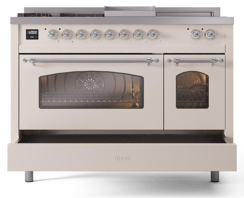 Nostalgie II 48 Inch Dual Fuel Natural Gas Freestanding Range in Antique White with Chrome Trim