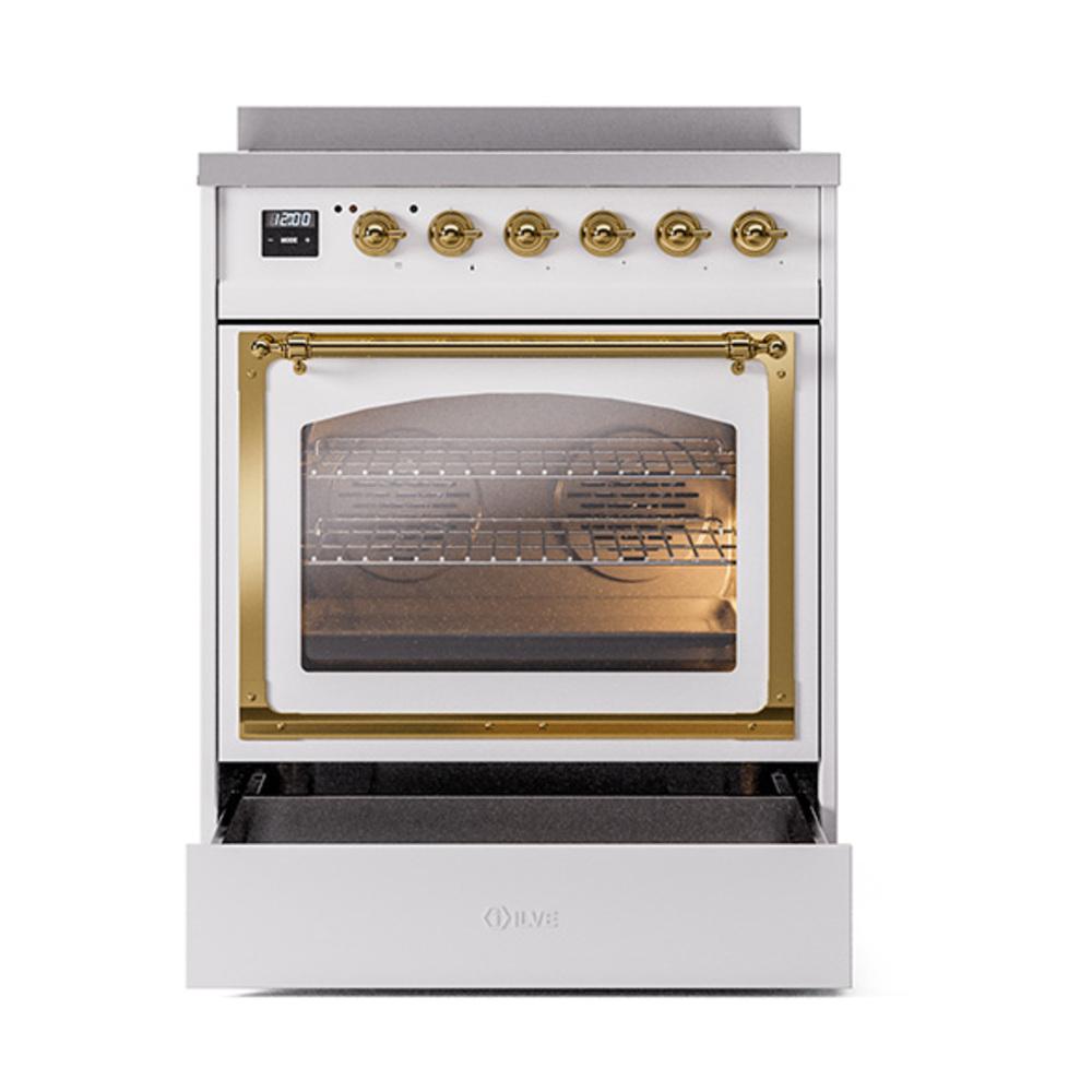 ILVE UNI304NMPWHG Nostalgie II Noblesse 30 inch Induction Range (Triple Glass Door, White, Brass)