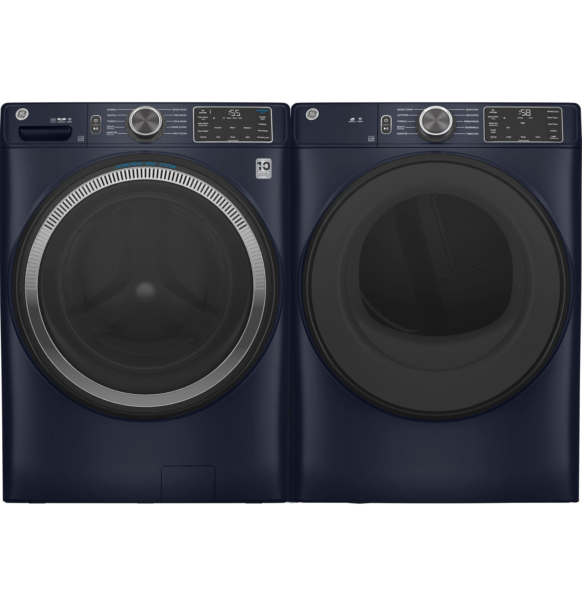 GE Appliances Sapphire Blue Front Load Washer & Electric Dryer Side-by-Side Set