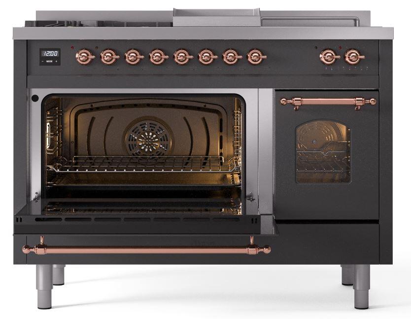 Nostalgie II 48 Inch Dual Fuel Natural Gas Freestanding Range in Matte Graphite with Copper Trim