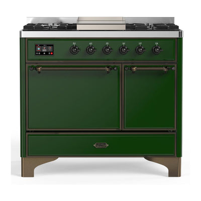 ILVE UMD40FQNR3EGB Majestic III 40 inch Dual Fuel Range with 6 Burners and Griddle, Dual Function Burner up to 25,000 BTU (Natural Gas, Solid Door, Emerald Green, Burnished)