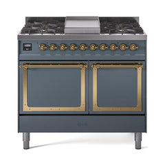 ILVE UND40FQNMPBGG Nostalgie II Noblesse 40 inch Dual Fuel Range (Natural Gas, Solid Door, Blue Grey, Brass)