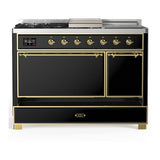 ILVE UM48FSQNR3BKG Majestic III 48 inch Dual Fuel Range with 5 Black Brass Burners, Griddle and French Top, Dual Function Burner up to 25,000 BTU (Natural Gas, Solid Door, Glossy Black, Brass)