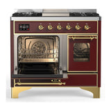 ILVE UMD40FNR3BUGLP Majestic III 40 inch Dual Fuel Range with 6 Burners and Griddle, Dual Function Burner up to 25,000 BTU (Liquid Propane, Triple Glass Door, Burgundy, Brass)