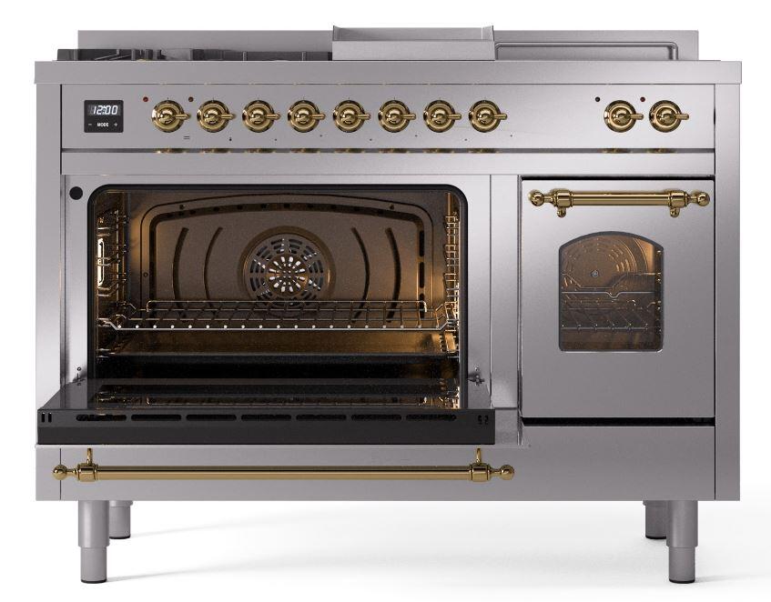 Nostalgie II 48 Inch Dual Fuel Natural Gas Freestanding Range in Stainless Steel with Brass Trim