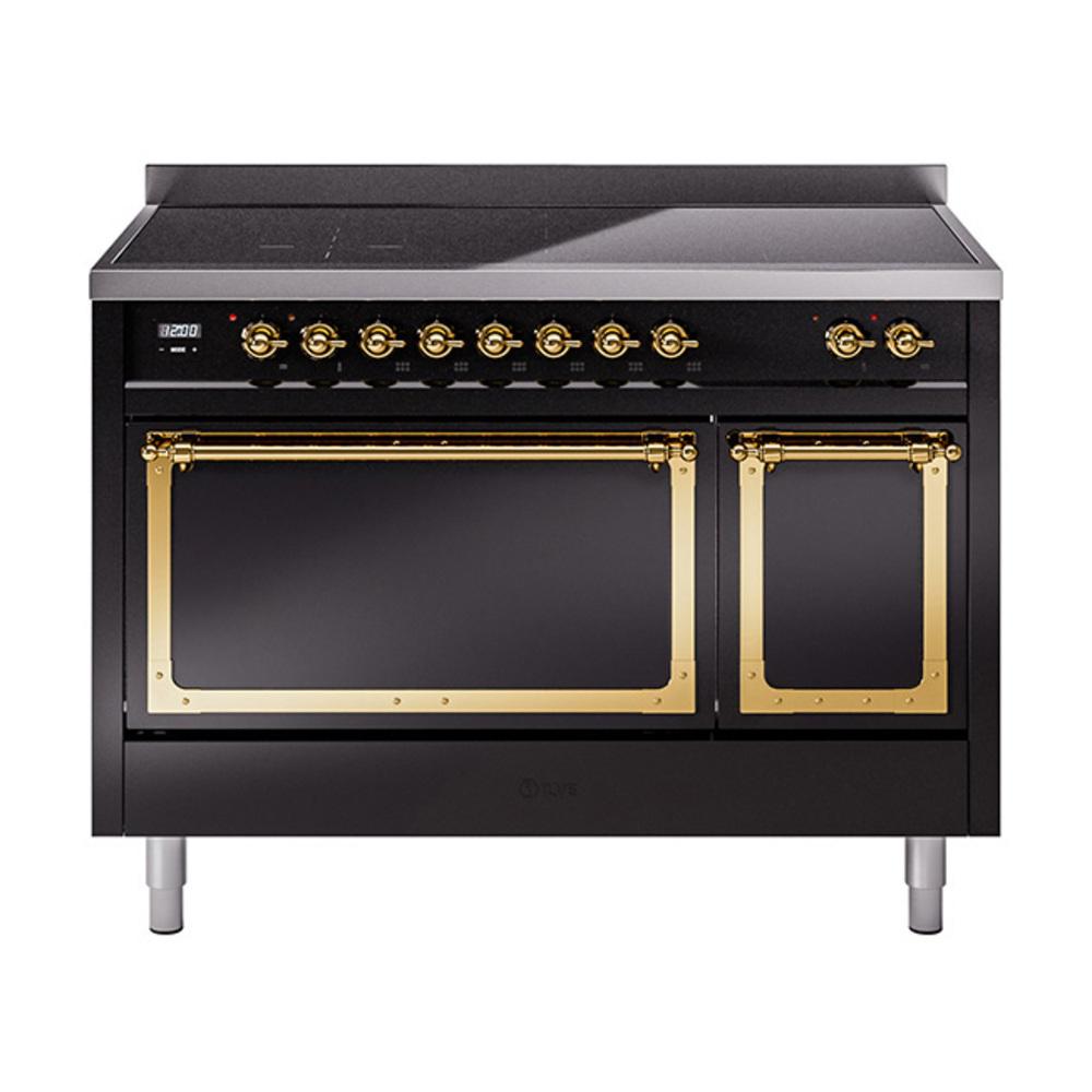 ILVE UNI486QNMPBKG Nostalgie II Noblesse 48 inch Induction Range (Solid Door, Glossy Black, Brass)