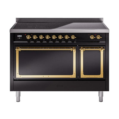 ILVE UNI486QNMPBKG Nostalgie II Noblesse 48 inch Induction Range (Solid Door, Glossy Black, Brass)