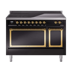 ILVE UNI486QNMPBKG Nostalgie II Noblesse 48 inch Induction Range (Solid Door, Glossy Black, Brass)