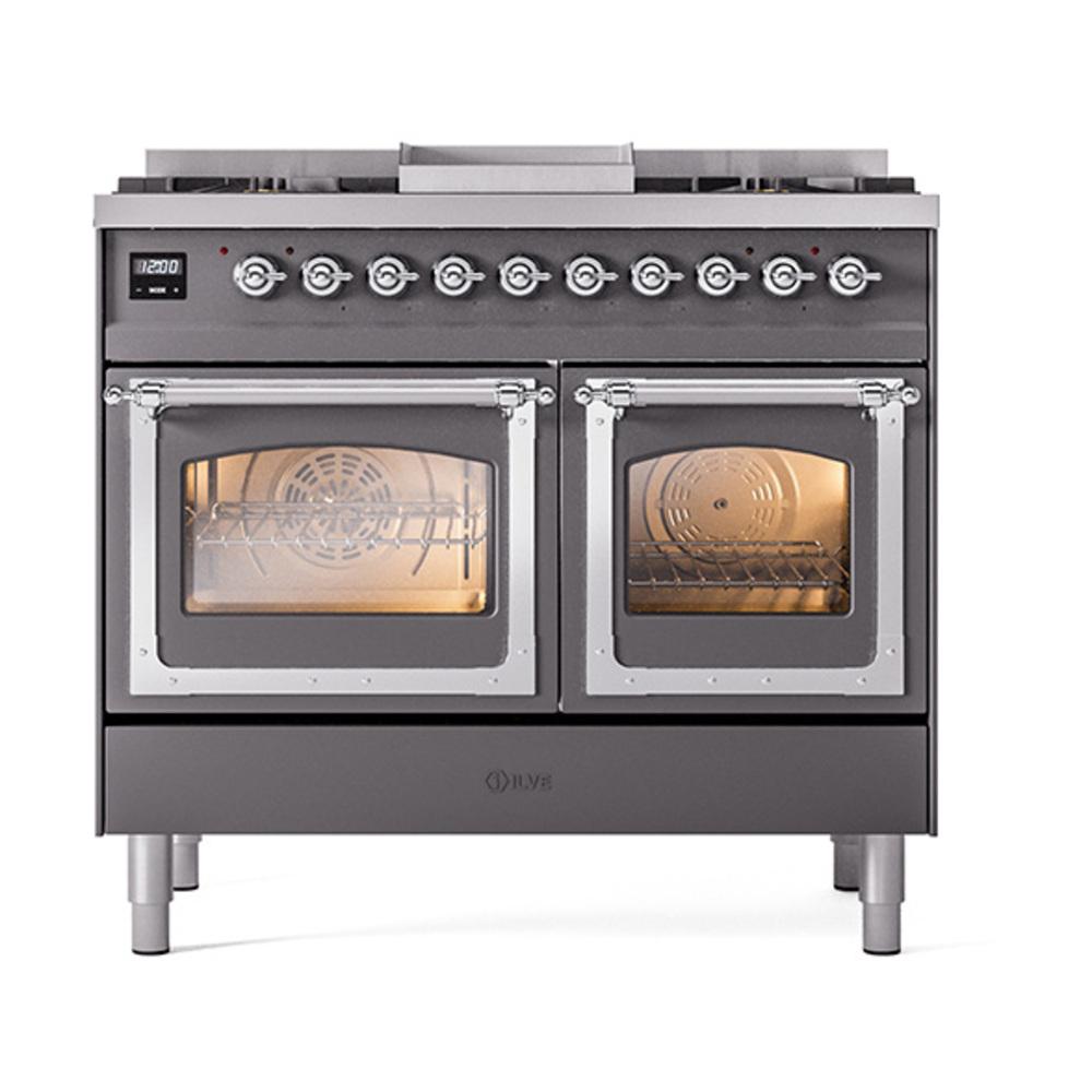 ILVE UND40FNMPMGCLP Nostalgie II Noblesse 40 inch Dual Fuel Range (Liquid Propane, Triple Glass Door, Graphite Matte, Chrome)
