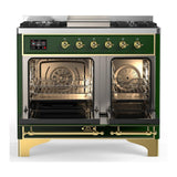 ILVE UMD40FQNR3EGGLP Majestic III 40 inch Dual Fuel Range with 6 Burners and Griddle, Dual Function Burner up to 25,000 BTU (Liquid Propane, Solid Door, Emerald Green, Brass)