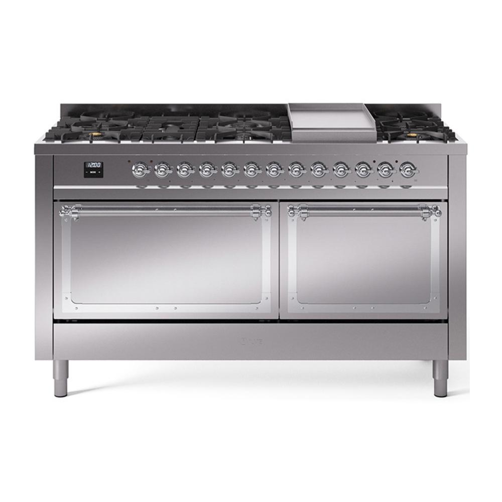 ILVE UN60FQNMPSSCLP Nostalgie II Noblesse 60 inch Dual Fuel Range (9 Sealed Burners + Griddle, Liquid Propane, Solid Door, Stainless Steel, Chrome)