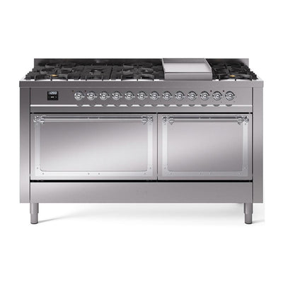 ILVE UN60FQNMPSSCLP Nostalgie II Noblesse 60 inch Dual Fuel Range (9 Sealed Burners + Griddle, Liquid Propane, Solid Door, Stainless Steel, Chrome)