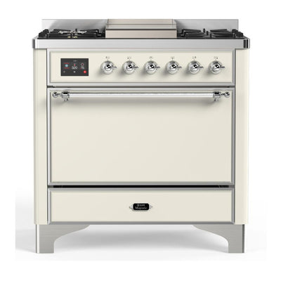 ILVE UM36FQNR3AWCLP Majestic III 36 inch Dual Fuel Range with 6 Black Brass Burners and Griddle, Dual Function Burner up to 25,000 BTU (Solid Door, Antique White, Chrome, Liquid Propane)