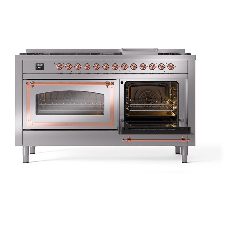 ILVE UN60FNMPSSPLP Nostalgie II Noblesse 60 inch Dual Fuel Range (9 Sealed Burners + Griddle, Liquid Propane, Triple Glass Door, Stainless Steel, Copper)