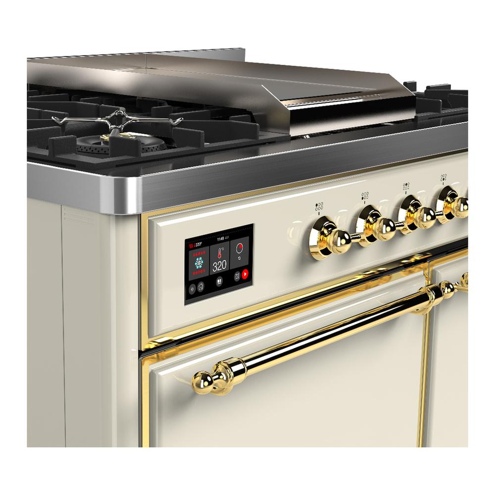 ILVE UMD40FQNR3AWGLP Majestic III 40 inch Dual Fuel Range with 6 Burners and Griddle, Dual Function Burner up to 25,000 BTU (Liquid Propane, Solid Door, Antique White, Brass)
