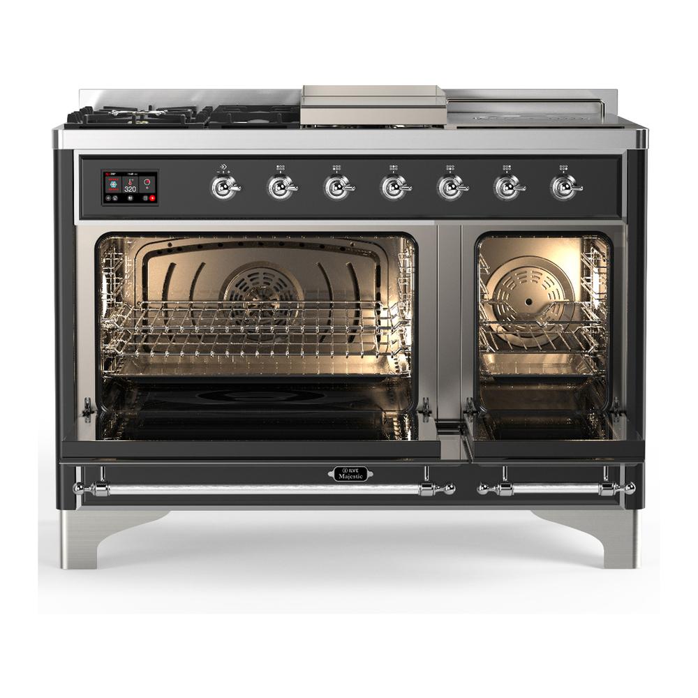 ILVE UM48FSQNR3MGC Majestic III 48 inch Dual Fuel Range with 5 Black Brass Burners, Griddle and French Top, Dual Function Burner up to 25,000 BTU (Natural Gas, Solid Door, Graphite Matte, Chrome)